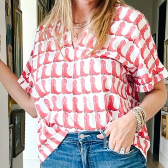 Brooke Wright Kimono Tunic Cowboy Boot Print Top - Picture 1 of 9